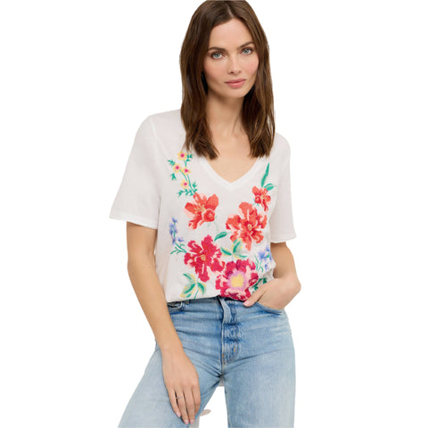 Johnny Was Celiora Raw Hem Tee Short Floral Embroidery Cotton Shirt White Top NEW