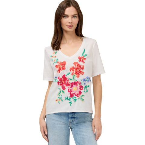 Johnny Was Celiora Raw Hem Tee Short Floral Embroidery Cotton Shirt White Top NEW