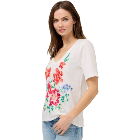 Johnny Was Celiora Raw Hem Tee Short Floral Embroidery Cotton Shirt White Top NEW