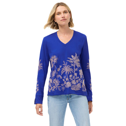 Johnny Was Riley Slit Long Tee Cotton Shirt Floral Embroidered Black Top NEW