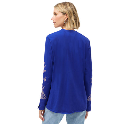 Johnny Was Riley Slit Long Tee Cotton Shirt Floral Embroidered Black Top NEW