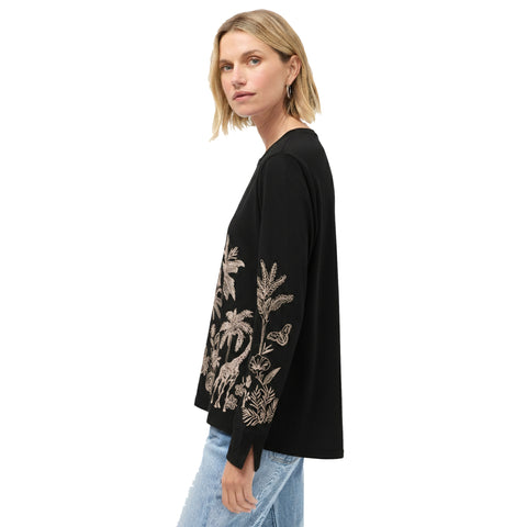 Johnny Was Riley Slit Long Tee Cotton Shirt Floral Embroidered Black Top NEW