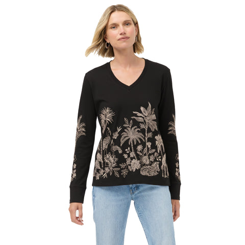 Johnny Was Riley Slit Long Tee Cotton Shirt Floral Embroidered Black Top NEW