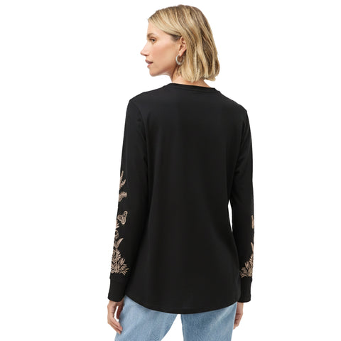 Johnny Was Riley Slit Long Tee Cotton Shirt Floral Embroidered Black Top NEW