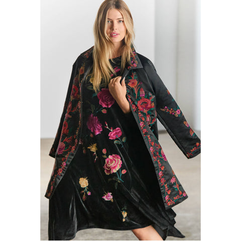 Johnny Was Rosilia Handkerchief Hem Velour Dress Long Floral Embroidery Black NEW