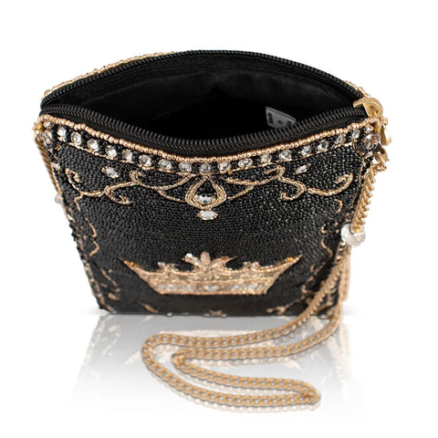 Mary Frances Royalty Gold Crown Beaded Zip Crossbody Handbag Black Bag Purse NEW