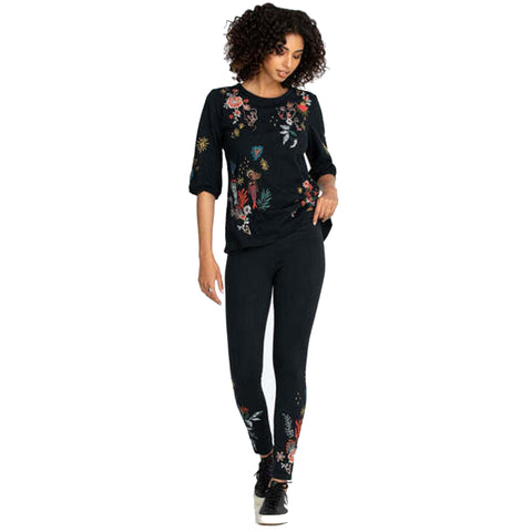 Johnny Was Ruth Puff Sleeve Floral Embroidered Tee Cotton Shirt Black Top NEW