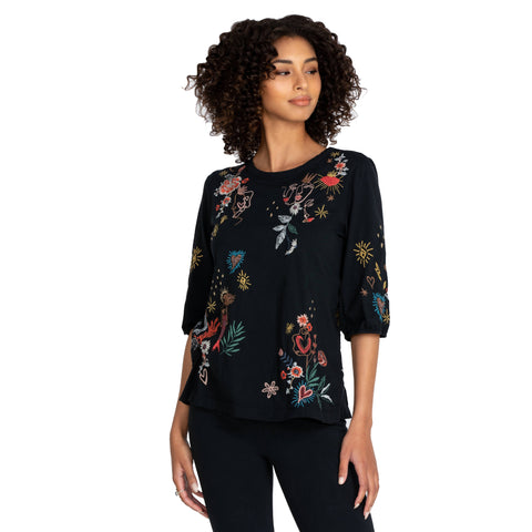 Johnny Was Ruth Puff Sleeve Floral Embroidered Tee Cotton Shirt Black Top NEW