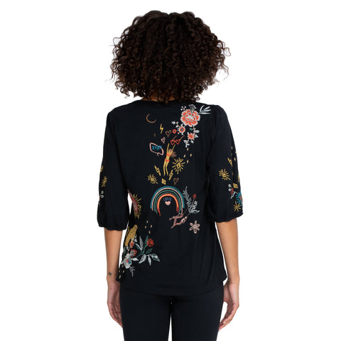 Johnny Was Ruth Puff Sleeve Floral Embroidered Tee Cotton Shirt Black Top NEW