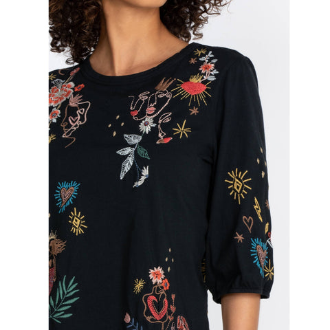 Johnny Was Ruth Puff Sleeve Floral Embroidered Tee Cotton Shirt Black Top NEW