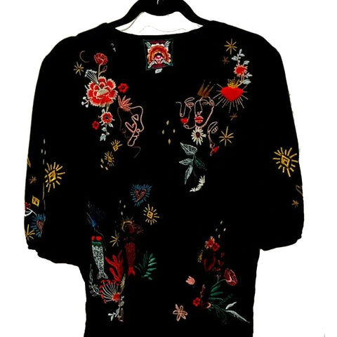 Johnny Was Ruth Puff Sleeve Floral Embroidered Tee Cotton Shirt Black Top NEW