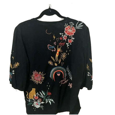 Johnny Was Ruth Puff Sleeve Floral Embroidered Tee Cotton Shirt Black Top NEW