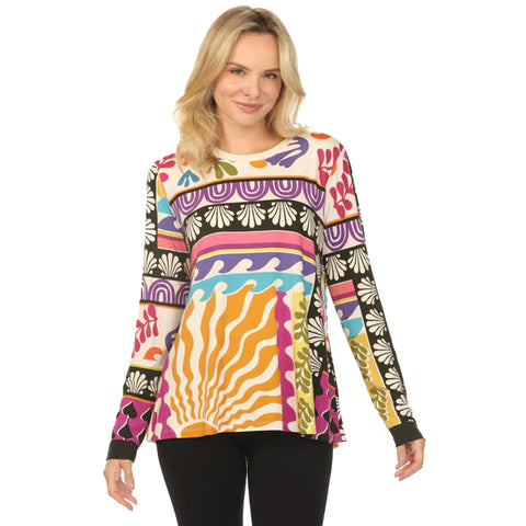 Johnny Was Janie Favorite Solstice Canyon Shirt Long Crew Swing Tee Cream Top NEW