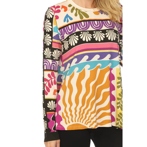 Johnny Was Janie Favorite Solstice Canyon Shirt Long Crew Swing Tee Cream Top NEW