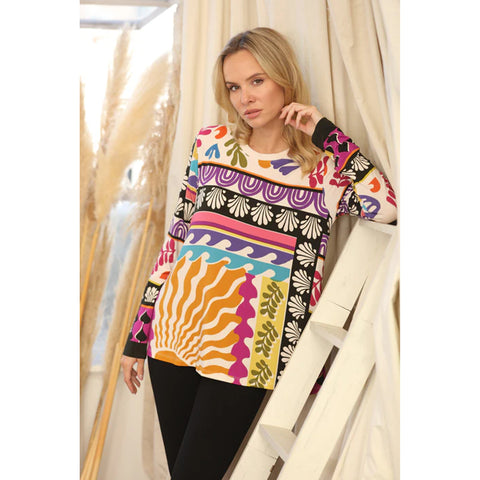 Johnny Was Janie Favorite Solstice Canyon Shirt Long Crew Swing Tee Cream Top NEW