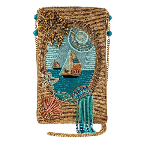 Mary Frances Sail Away Boat Ocean Beaded Phone Bag Gold Blue Handbag Zip Purse NEW