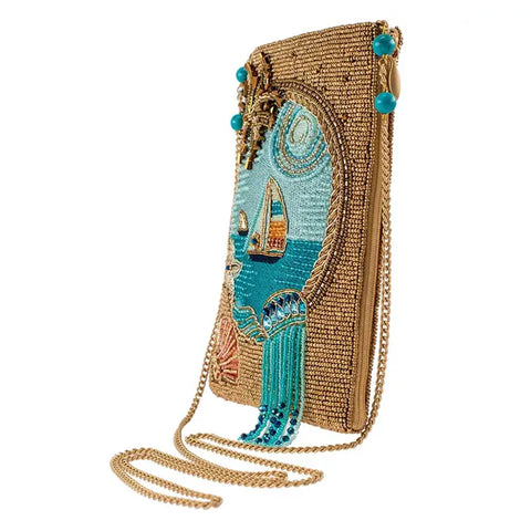 Mary Frances Sail Away Boat Ocean Beaded Phone Bag Gold Blue Handbag Zip Purse NEW