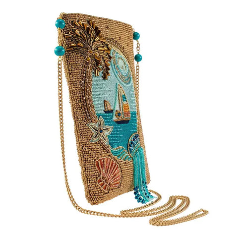 Mary Frances Sail Away Boat Ocean Beaded Phone Bag Gold Blue Handbag Zip Purse NEW