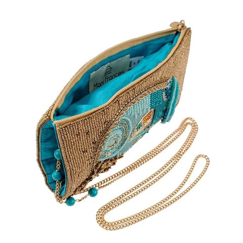 Mary Frances Sail Away Boat Ocean Beaded Phone Bag Gold Blue Handbag Zip Purse NEW