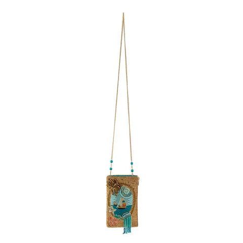 Mary Frances Sail Away Boat Ocean Beaded Phone Bag Gold Blue Handbag Zip Purse NEW