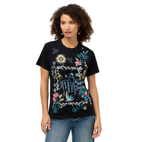 Johnny Was Santorini Crew Short Tee White Cotton Shirt Floral Embroidery Top NEW