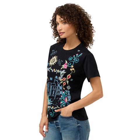 Johnny Was Santorini Crew Short Tee Floral Embroidery Shirt Cotton Black Top NEW