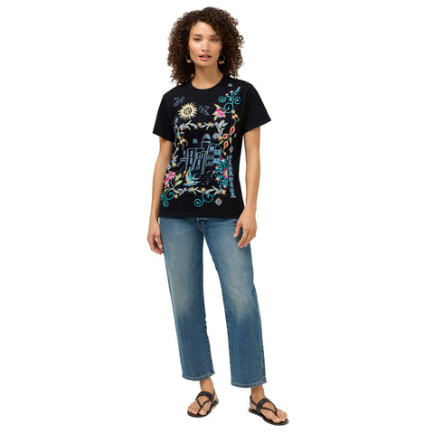 Johnny Was Santorini Crew Short Tee Floral Embroidery Shirt Cotton Black Top NEW