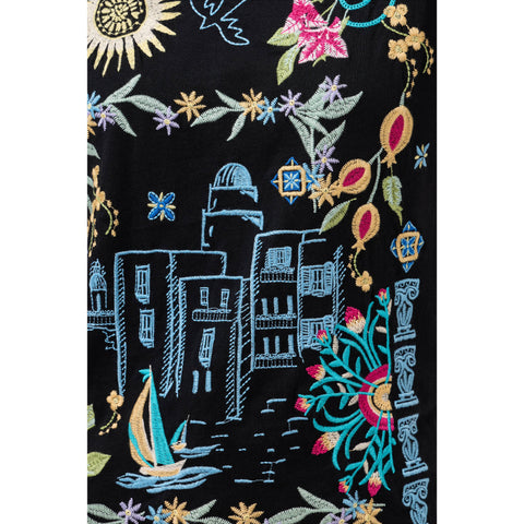 Johnny Was Santorini Crew Short Tee Floral Embroidery Shirt Cotton Black Top NEW