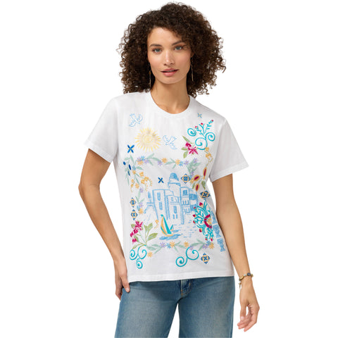 Johnny Was Santorini Crew Short Tee Floral Embroidery Shirt Cotton Black Top NEW