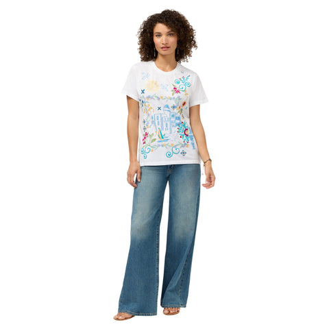 Johnny Was Santorini Crew Short Tee White Cotton Shirt Floral Embroidery Top NEW