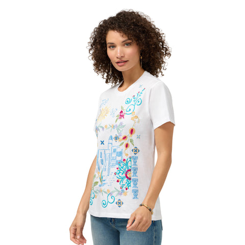 Johnny Was Santorini Crew Short Tee White Cotton Shirt Floral Embroidery Top NEW