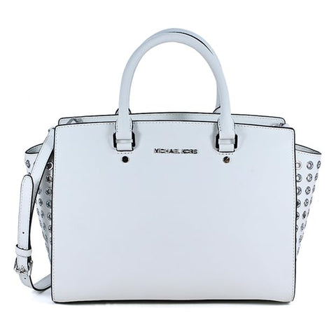 Michael Kors Selma Large Leather Zip Grommet Satchel Handbag Bag White Purse NEW