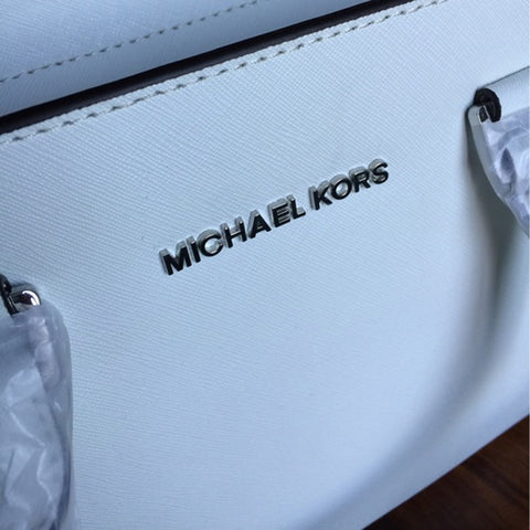 Michael Kors Selma Large Leather Zip Grommet Satchel Handbag Bag White Purse NEW