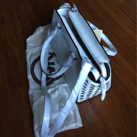 Michael Kors Selma Large Leather Zip Grommet Satchel Handbag Bag White Purse NEW