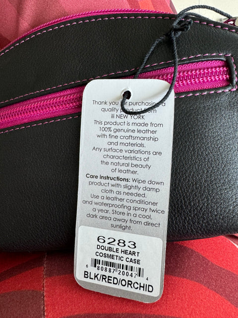 ILI New York Double Heart Cosmetic Case Handbag Bag Black Red Orchid Purse NEW