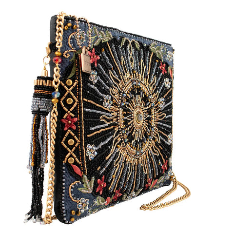 Mary Frances Solar Mystique Celestial Flowers Beaded Handbag Zip Bag Blue Gold Purse NEW