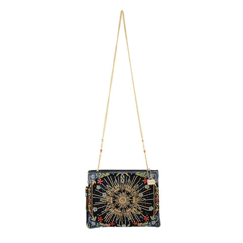Mary Frances Solar Mystique Celestial Flowers Beaded Handbag Zip Bag Blue Gold Purse NEW