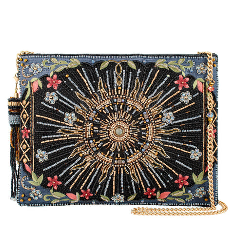 Mary Frances Solar Mystique Celestial Flowers Beaded Handbag Zip Bag Blue Gold Purse NEW