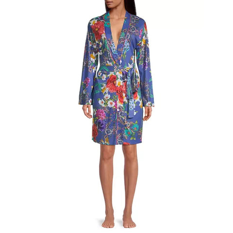 Johnny Was Sunrise Robe Sleep Wear Blue Floral Cotton Night Lounge Flowers NEW