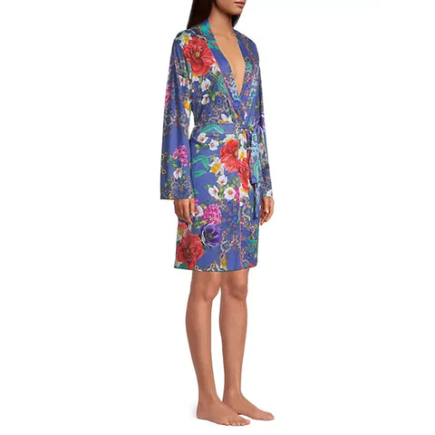 Johnny Was Sunrise Robe Sleep Wear Blue Floral Cotton Night Lounge Flowers NEW
