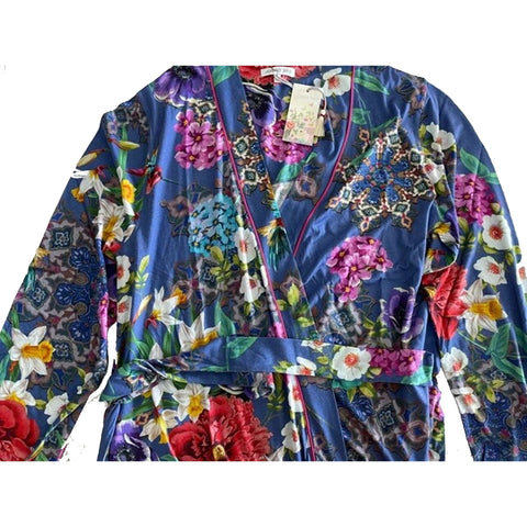 Johnny Was Sunrise Robe Sleep Wear Blue Floral Cotton Night Lounge Flowers NEW