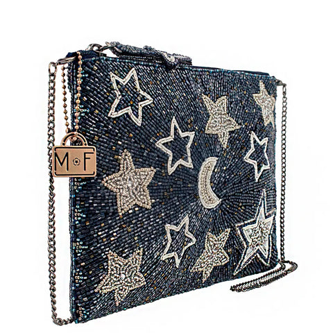 Mary Frances Super Nova Blue Celestial Stars Moon Crossbody Mini Zip Handbag Beaded Bag Purse NEW