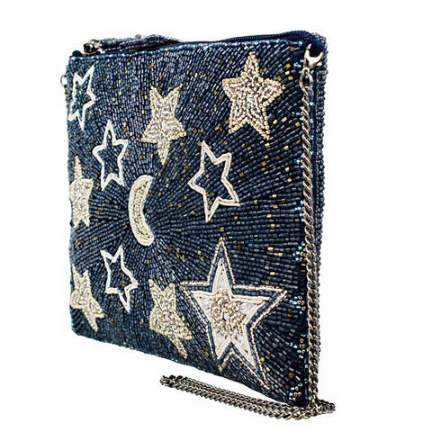 Mary Frances Super Nova Blue Celestial Stars Moon Crossbody Mini Zip Handbag Beaded Bag Purse NEW