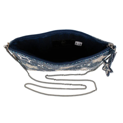 Mary Frances Super Nova Blue Celestial Stars Moon Crossbody Mini Zip Handbag Beaded Bag Purse NEW
