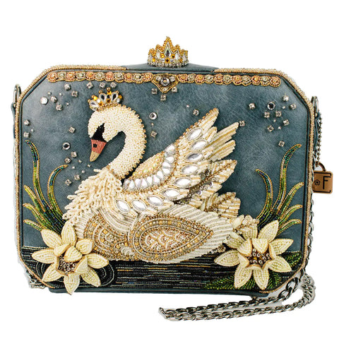 Mary Frances Swan Princess Hard Sided Ivory Swan Crossbody Handbag Bag Floral Grey Purse NEW