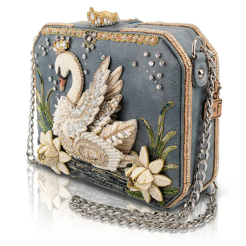Mary Frances Swan Princess Hard Sided Ivory Swan Crossbody Handbag Bag Floral Grey Purse NEW