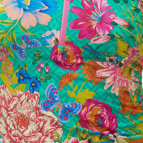 Johnny Was Sweetspire Long Surf Shirt Swim Green Floral Zip Rash Guard Top NEW