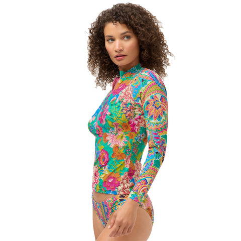 Johnny Was Sweetspire Long Surf Shirt Swim Green Floral Zip Rash Guard Top NEW