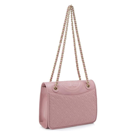 Tory Burch Medium Fleming Shoulder Bag Gold Chain Pink Leather Handbag Purse NEW