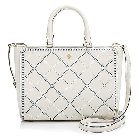 Tory Burch Robinson Crosshatch Small Leather Satchel Bag Ivory Riviera Blue Handbag NEW